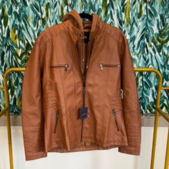 Women’s Brown Faux Leather Jacket w/ Removable Hood NWT - Picture 1 of 6
